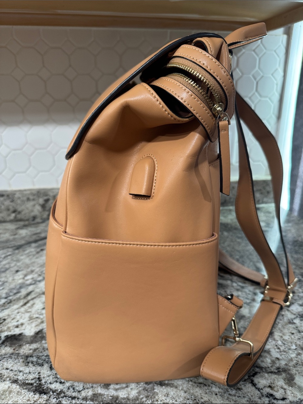Minimal Tan Leather Backpack With Flap View 3